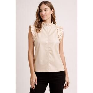 Melissa Nepton Millo Faux Leather Ruffle Shoulder Blouse Cream S
